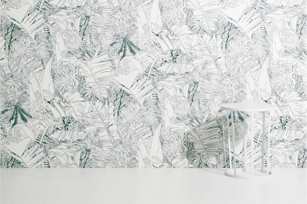 Papier peint en noir et blanc. Dessin de végétation avec les différentes formes et formats des feuilles.