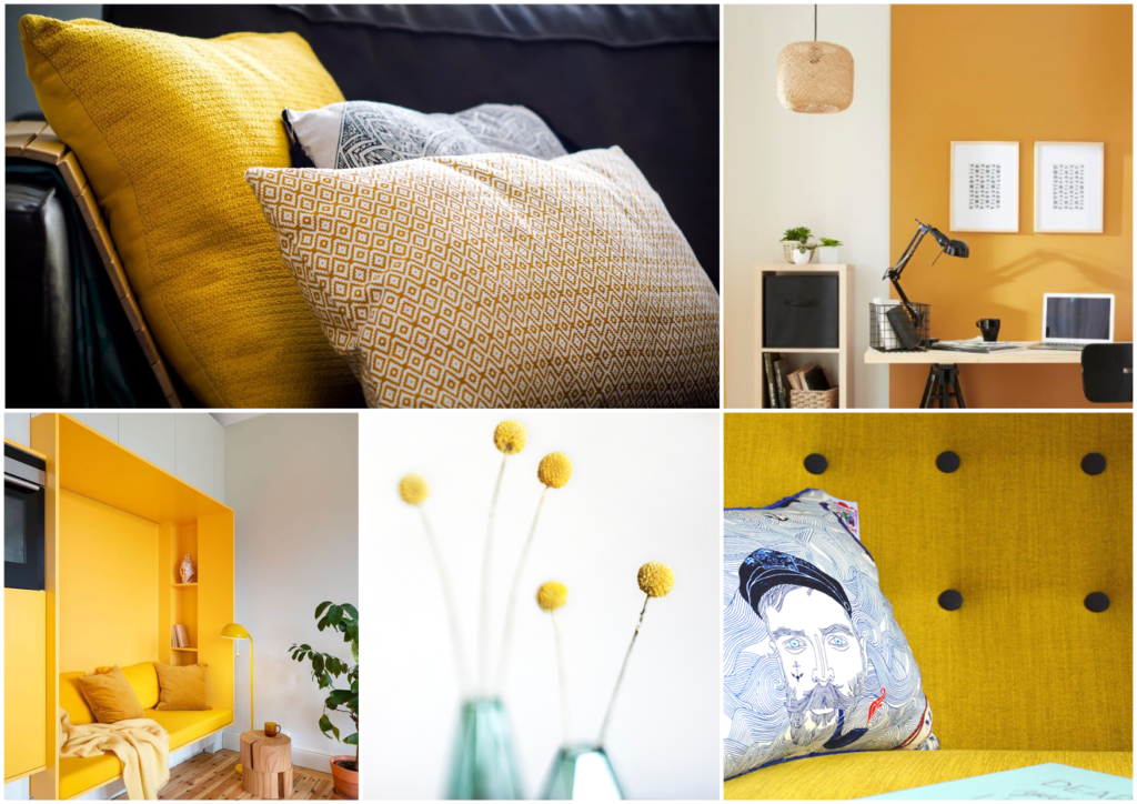 Par petite touche le jaune dynamise la pièce : coussin jaune ou à motif jaune, un canapé jaune ou des fleurs jaunes dans un vase.