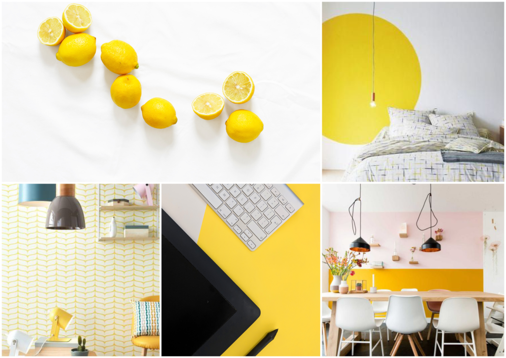 Le jaune peint dans un cercle sur un mur, un papier peint à motif jaune, un mur jaune associé à un rose clair.